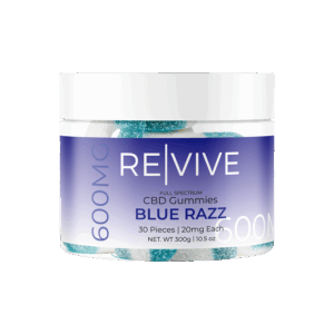 New Revive CBD Gummies Packaging Front of 30ct Jar, Blue Razz