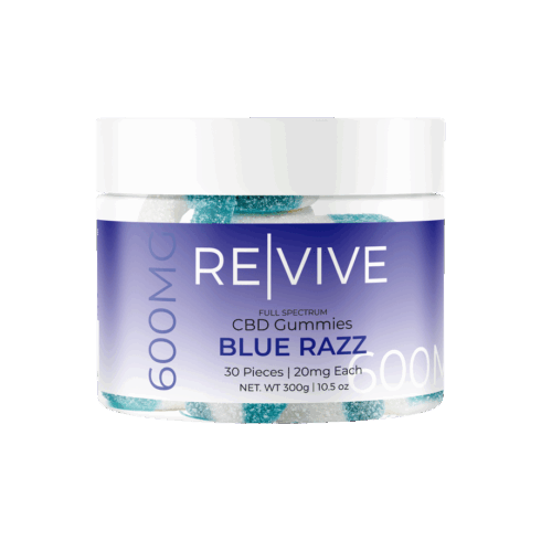 New Revive CBD Gummies Packaging Front of 30ct Jar, Blue Razz