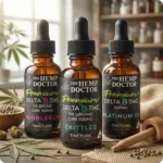 Delta 8 tinctures and oil from The Hemp Doctor displayed on top of a table