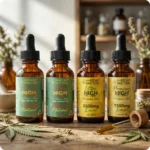 Four bottles of cbd hemp tinctures displayed.