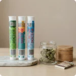 Cannabis products and accessories displayed neatly.