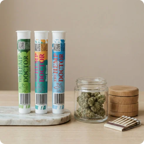 1.25G THCA PRE-ROLLS_LIFESTYLE Cannabis products and accessories displayed neatly.