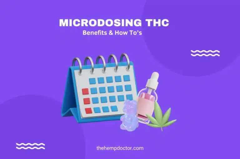 Microdosing calendar, tincture, gummies, and a leaf, purposely situated near each other.