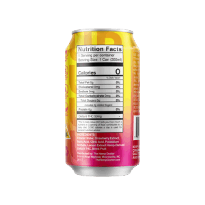 back of a pink and yellow gradient can with white text, ingredients list and nutrition label; Strawberry Lemonade Delta 9 THC Seltzer