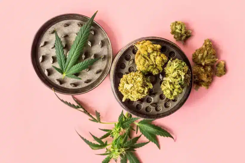 Wood grinders with bits of cannabis nugs