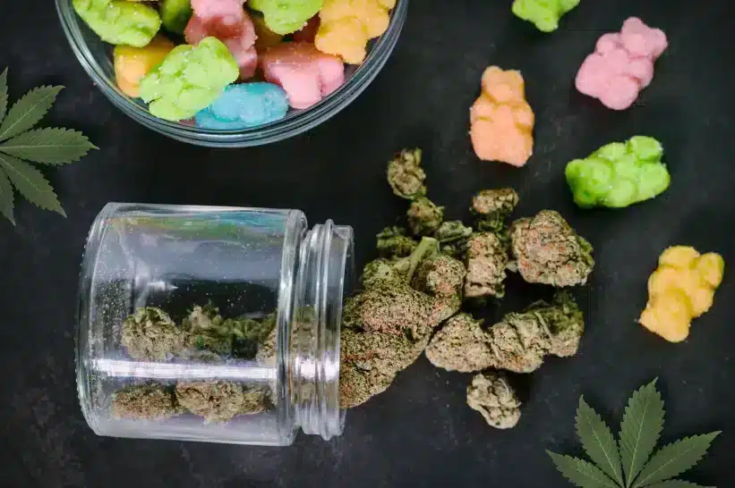Gummies and hemp flowers laying on top of a black cover.
