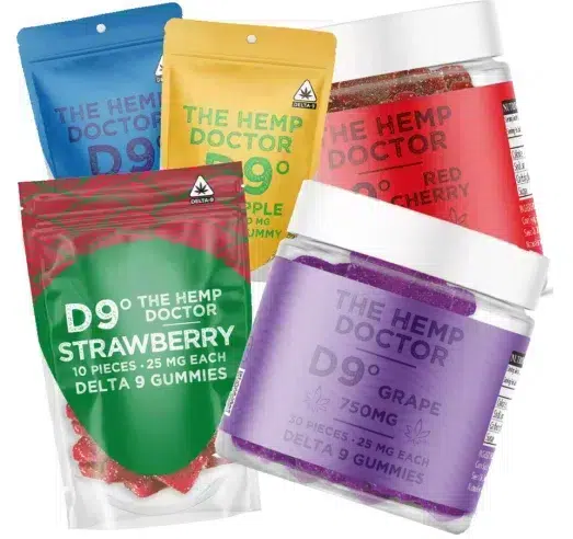 a group of D9 energizing gummies in packages and jars