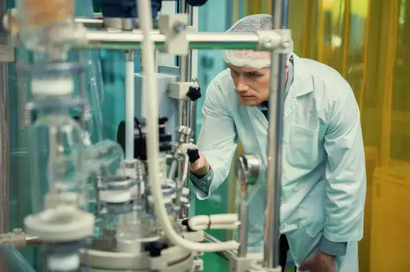 A man in a lab coat observing the extraction of hemp
