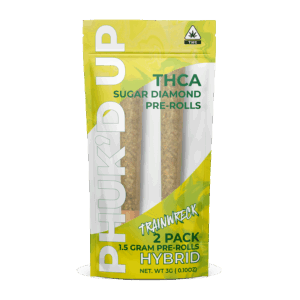 Front of 2 Count pre-roll: Yellow packaging with "The Hemp Doctor" and "Phuk'd Up" logo, strain name = Trainwreck, Hybrid, clear window showing 2 pre-rolls.