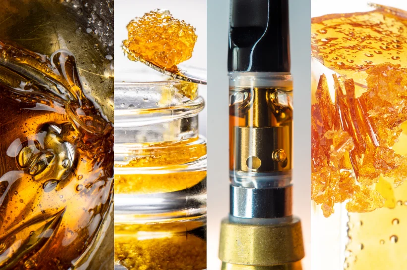 Side by side photos of HTFSE, live resin, distillate and shatter