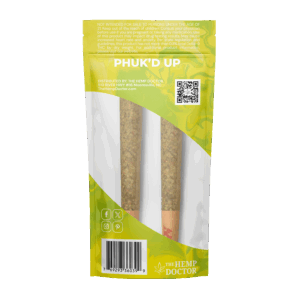 Back of 2 Count pre-roll: Yellow packaging with barcode, QR Code, "The Hemp Doctor" and "Phuk'd Up" logo, clear window showing 2 pre-rolls.