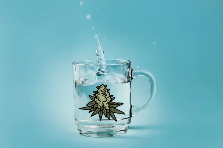 a water splashing into a glass with a graphic of a cannabis bud