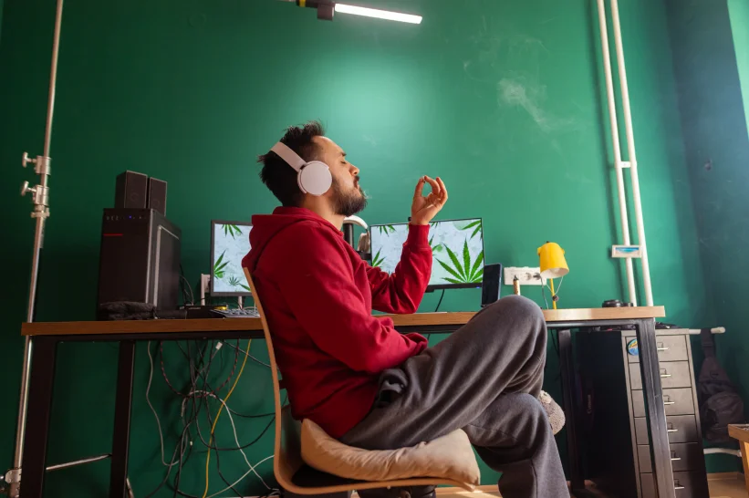A man enjoying music and a hybrid strain joint