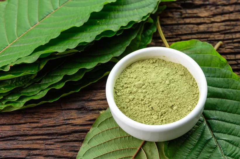 Powdered kratom in a white small cup