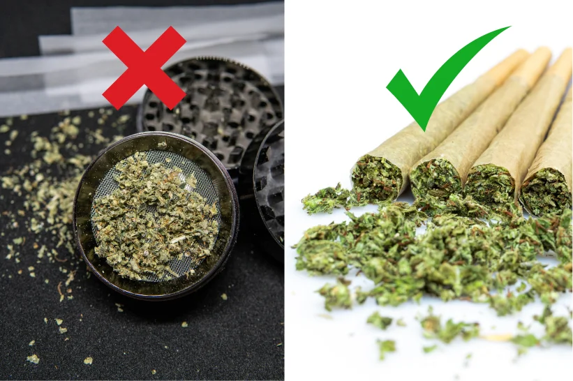 a close up of right and wrong-sized weed