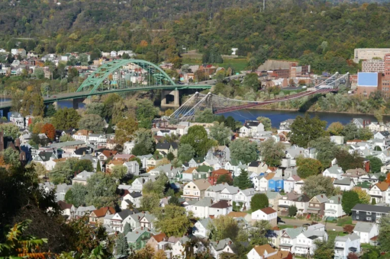 Wheeling, West Virginia location featuring bridge over a river with houses and trees