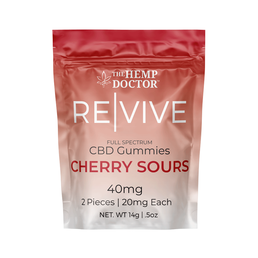a red and white revive CBD gummies package with white text