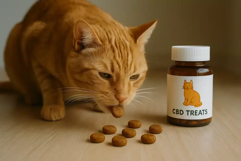 an orange cat eating CBD treats