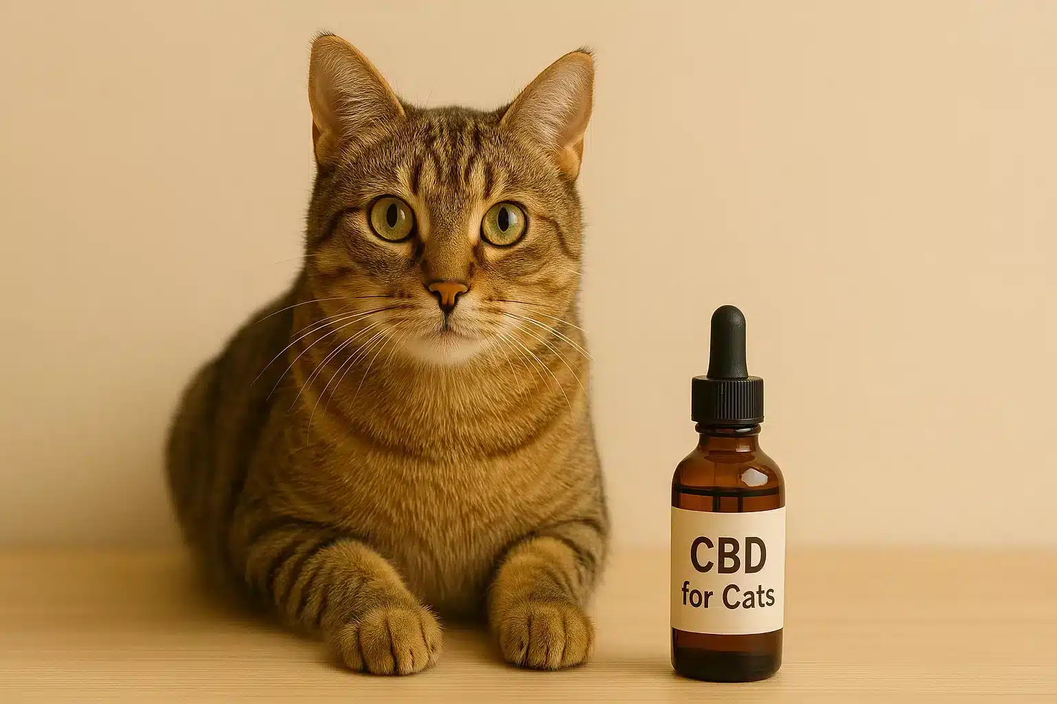 A wide-eyed cat beside a CBD Tincture
