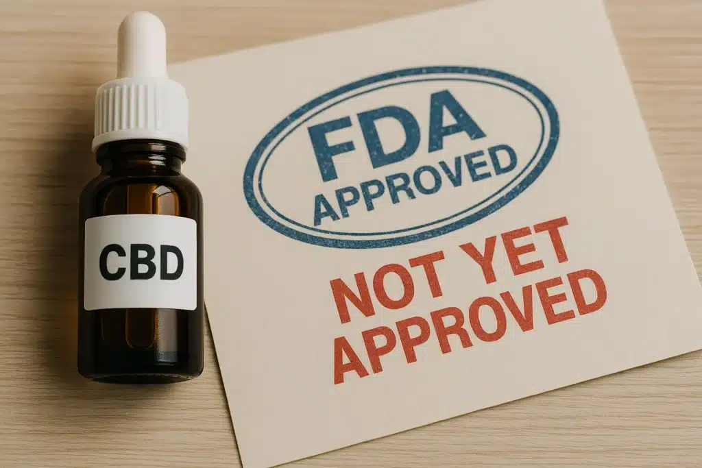 CBD oil besides a paper that reads, "FDA approved not yet approved."