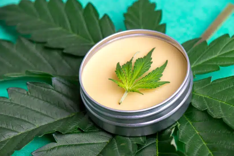 a cream in a jar with a leaf on top