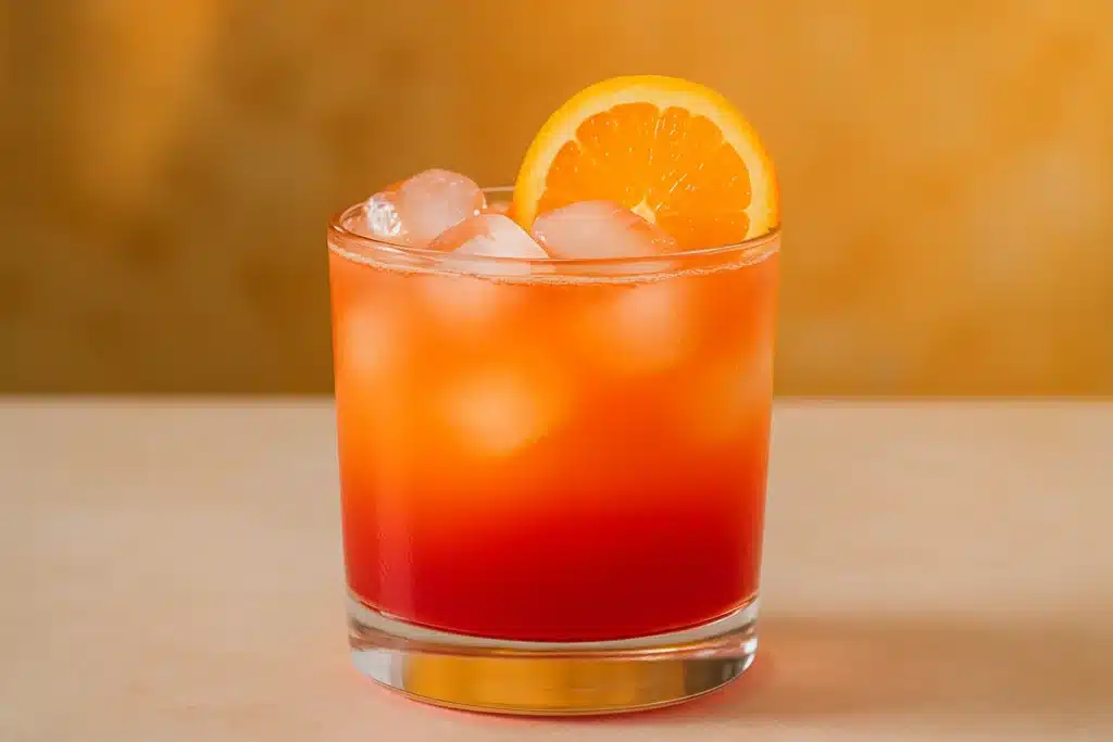 a glass with a drink and an orange slice