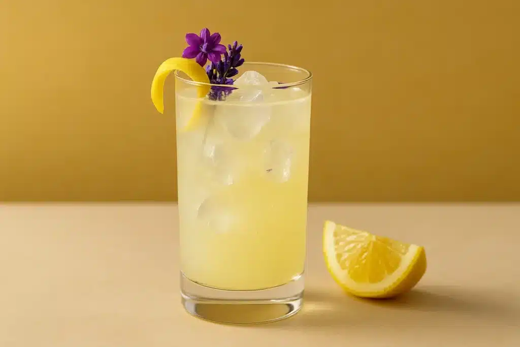 a glass of lemonade with a flower and a lemon slice