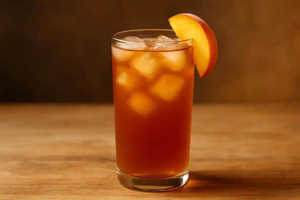 a glass of ice tea with a slice of peach on top