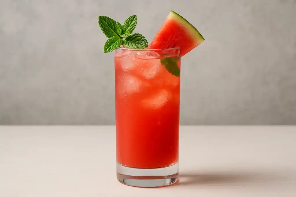 a glass of watermelon juice with mint leaves