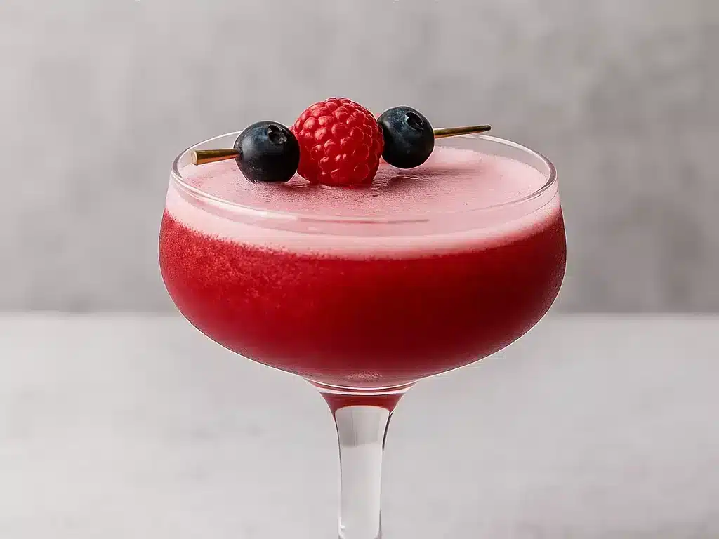 a glass with a drink and berries on top