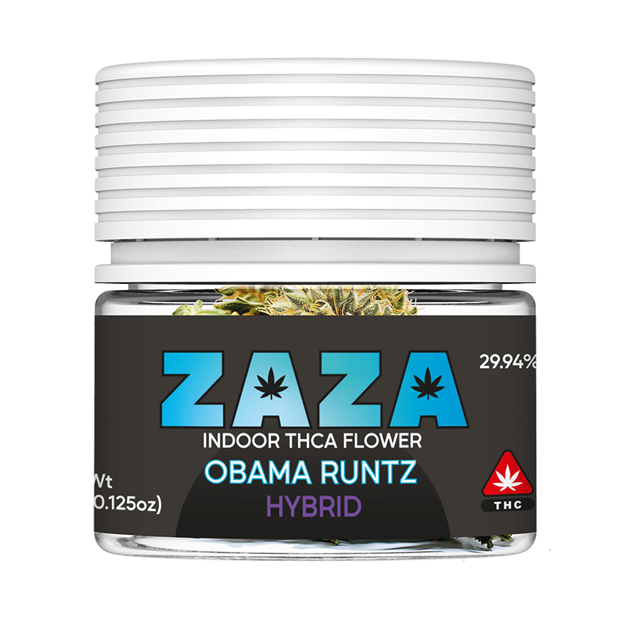 a close up of a jar of an obama runtz THCA flower