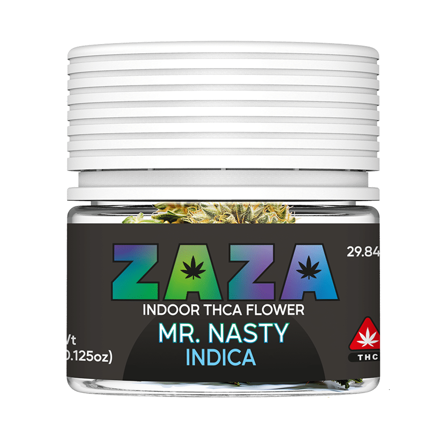 a close up of a jar of Mr. Nasty THCA Flower