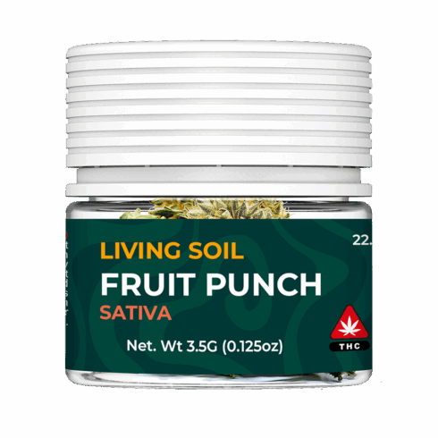 mock_Fruit Punch_Living soil 3.5G CB SP JAR_FRONT Living Soil 3.5g packaging, FRONT - Strain = Fruit Punch (Sativa)