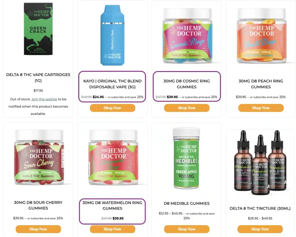 Variety of hemp and THC products