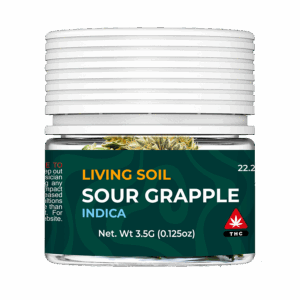 Living Soil 3.5g packaging, FRONT - Strain = Sour Grapple (indica)