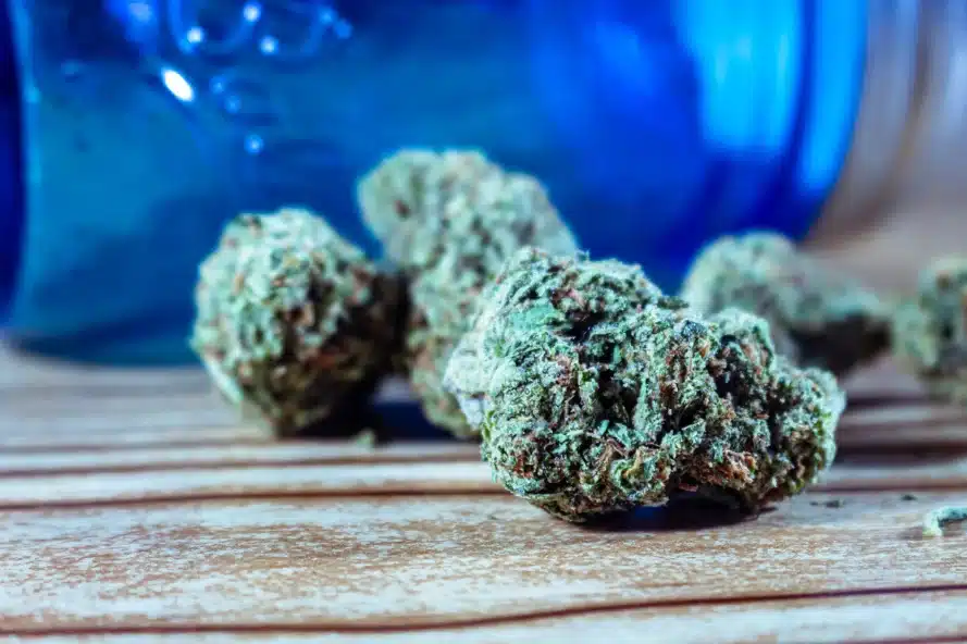 Close-up of a fruit punch strain buds look-alike on wood