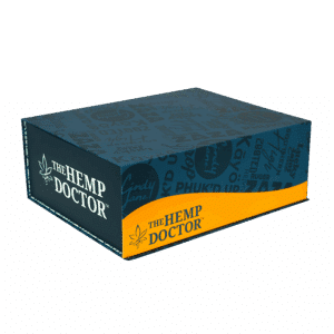 THE HEMP DOCTOR THCA SUBSCRIPTION BOX PACKAGING, BLUE/GREEN BOX WITH ORANGE 'WAVE' AND THE HEMP DOCTOR BRAND NAMES PRINT