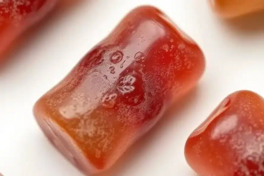 Colorful blistered, slimy CBD gummy candies on white background