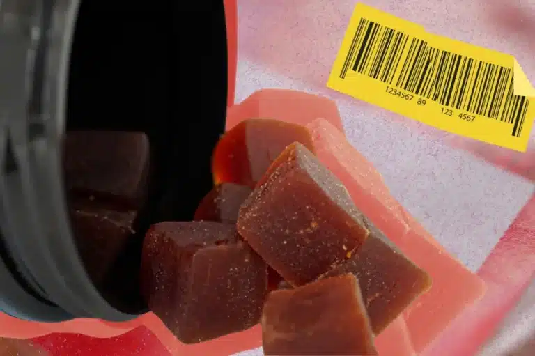 Spilled gummy candies with barcode label