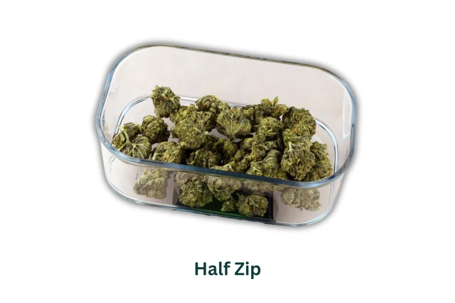 Container with a half zip of cannabis buds inside