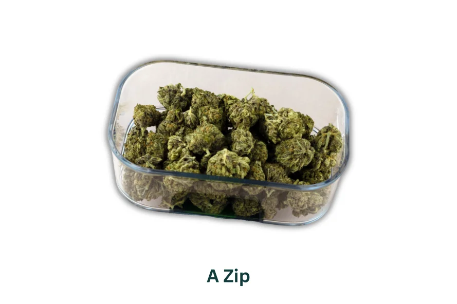 Container filled with a zip of cannabis buds