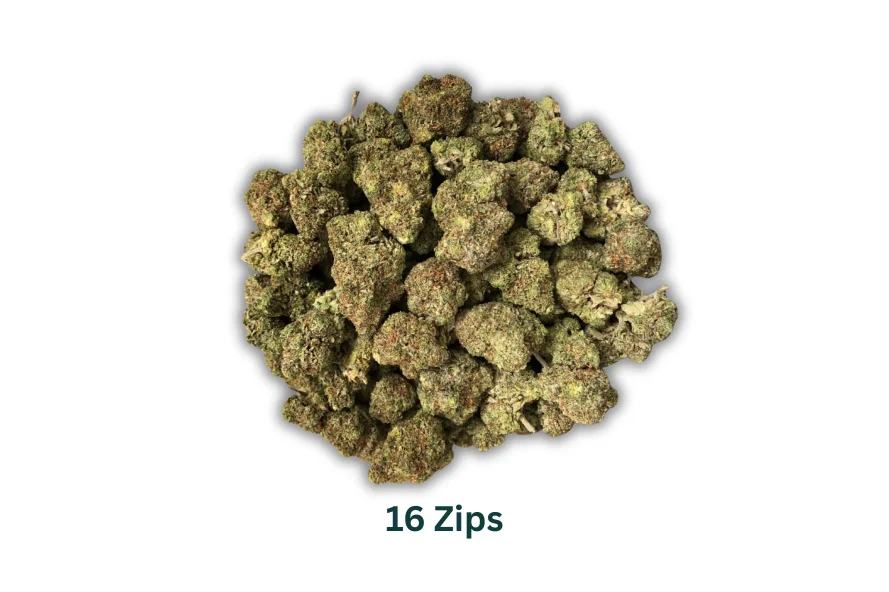 Pile of 16 zip of cannabis buds displayed