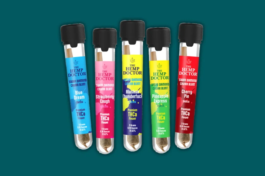 Colorful THCA caviar blunt hemp product vials displayed