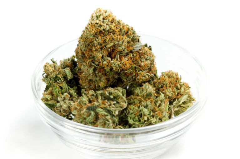 Glass bowl with dime bag of weed-worth cannabis buds