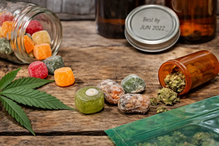 Colorful gummies and cannabis products displayed.