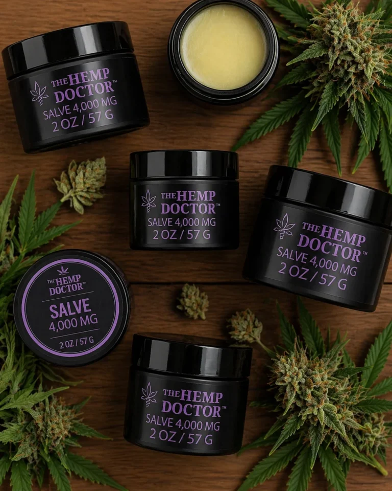 Various CBD salve containers and plants