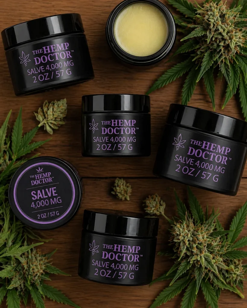 Various CBD salve containers and plants