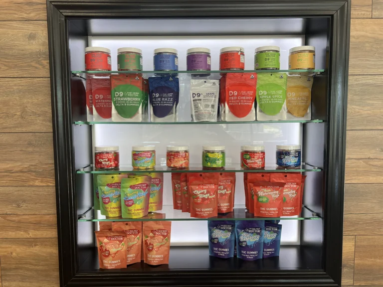 Colorful display of various gummies stored in a cool, dry shelf.
