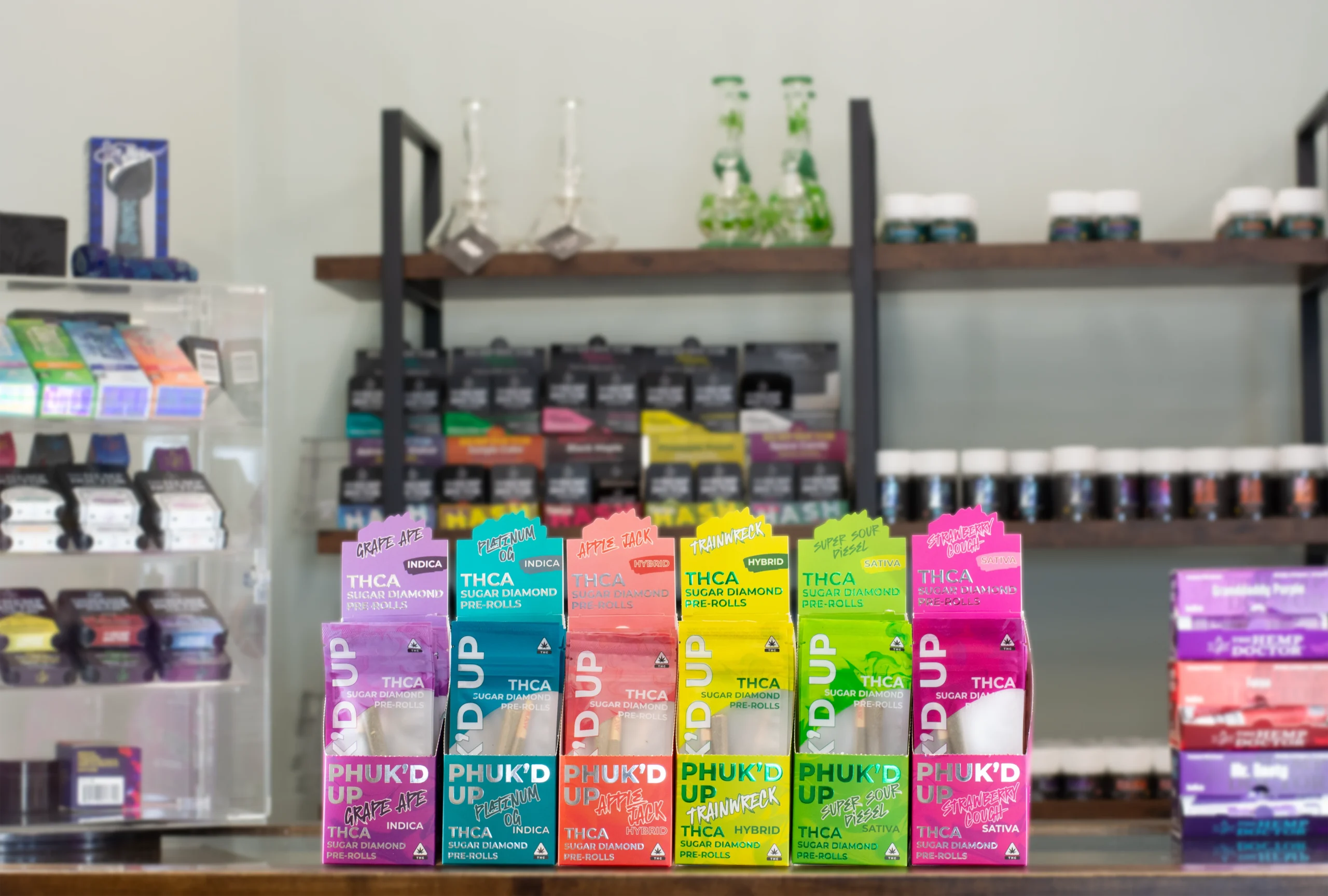 Colorful cannabis products on display