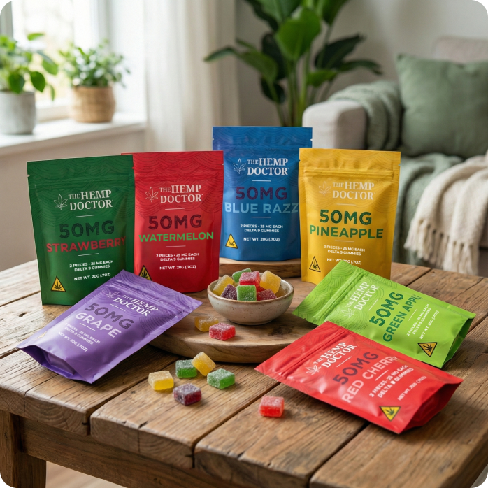 Colorful gummy packages on wooden table